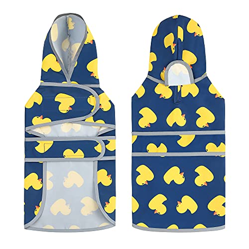 Dog Raincoat for Small Dogs Puppies Waterproof Jacket Hooded Rain Coats with Reflective Strips Leash Hole & Poncho Adjustable Fit (Blue Duck / Small)