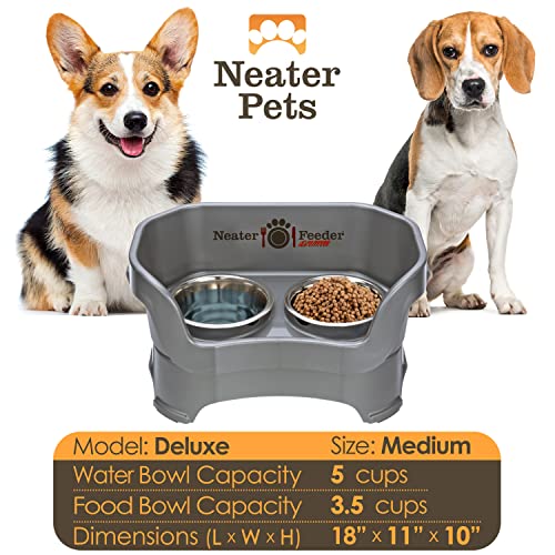 Neater Feeder Deluxe Mess Proof Dog Bowls Elevated for Medium Dogs 19 (Medium with Standard Bowl / Gunmetal Grey)