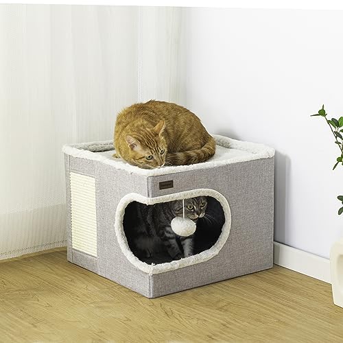 Cat Bed for Indoor Cats Cube House (16.5"D x 16.5"W x 13"H / Grey)