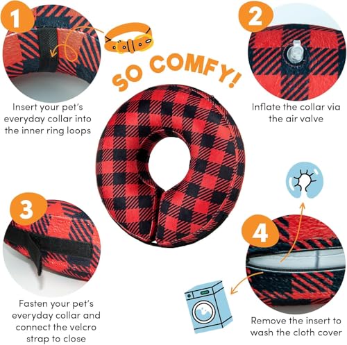 Inflatable Dog Cone Collar Alternative After Surgery Large+ (Cone-Plaid / Large+[Neck:16"-18"])