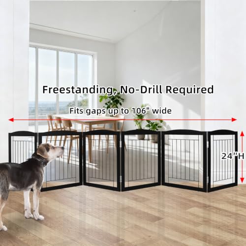 Freestanding Foldable Dog Gate for House Extra Wide Wooden Black Indoor Puppy Gate Stairs Dog Gates Doorways Tall Pet Gate 6 Panels Fence (Black / 【6 Panels】120''w x 24''h)