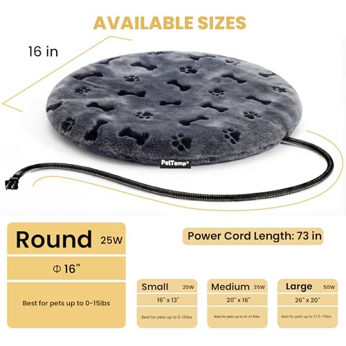 Pet Heating Pad for Cats Dogs Indoor & Sheltered Outdoor Waterproof Heated Cat Bed Heated Dog Bed Chew Resistant Cord Constant Temperature Electric Warming (Grey / Round: 16" x 16" x 1.3")