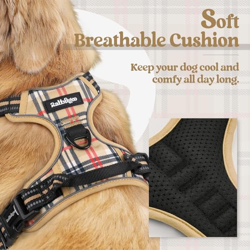 Dog Harness No Pull Medium Sized with 2 Leash Clips (Medium / Beige Plaid)