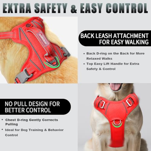 No Pull Dog Harness Large Reflective Dog Harness with Front Clip and Easy Control Handle for Walking Training Running with ID tag Pocket (Red / Large)