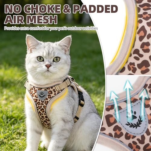 Cat Harness and Leash Set Escape Proof Reflective Cat Walking Harness Adjustable Soft Breathable Mesh Vest for Small Pets (M (NECK 11"-13.7", CHEST 16"-20") / Khaki Leopard Print)