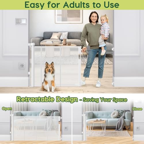 Reinforced 55" Wide Retractable Baby Gates for Doorways to Prevent Crawling Under (White / 33" Tall x 55" Wide（ With Reinforced Bar ）)