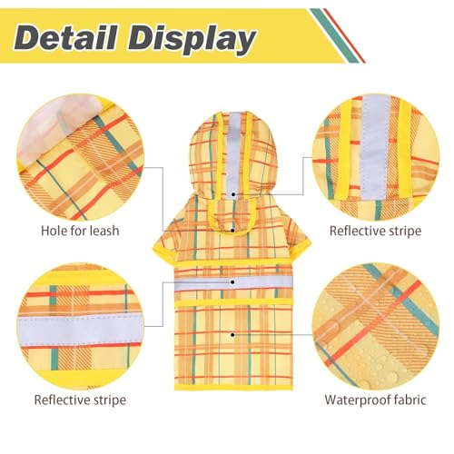 Dog Raincoat Hooded Slicker Poncho with Leash Hole (S:10-15lbs / Plaid Yellow)