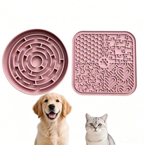 Dog Cat Lick Mat and Slow Feeder Bowl Set (Pink)