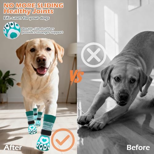 Dog Socks to Prevent Licking Paws with Grippers for Hardwood Floors Anti Slip (Green / Small)