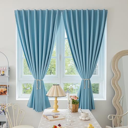 Magic Tape Stick on Curtains Blackout Curtains for Bedroom no Drillng Self Adhesive Curtain no Rod Small Window (Sky Blue / 47"W x 71"L (Pack of 2))