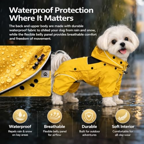Waterproof Dog Raincoat with Removable Hood (Mustard Yellow / M (Back 14"))