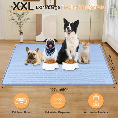 Dog Food Mat 50''x35'' Extra Large Dog Mat for Food and Water (50"L x 35"W / Blue)