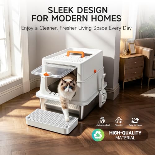 High Sided Stainless Steel XL Cat Litter Box for Cats (Grey)