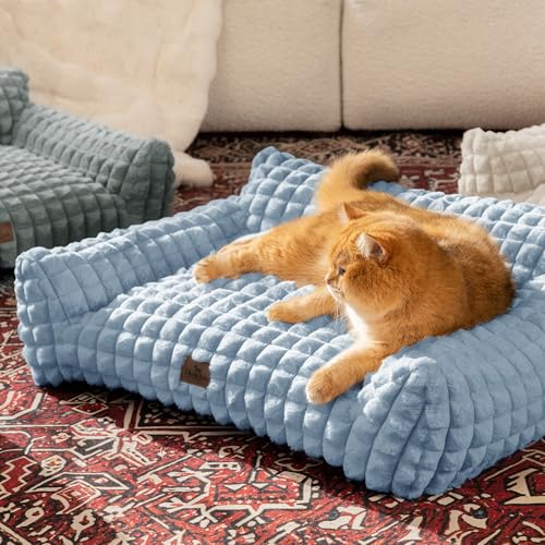 Cat Couch Bed with Fluffy Faux Rabbit Fur for Indoor Cats (Light Blue / Large: 36"L x 27"W x 10"Th)