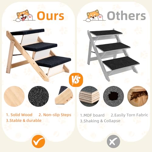 Wood Pet Stairs (3 Steps – For Sofas & Low Beds (18–26 in) / 24.8" L x 17.2" W x 19.5" H)