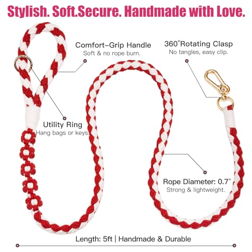 5FT Braided Cotton Rope Leash for Small (Red and white)