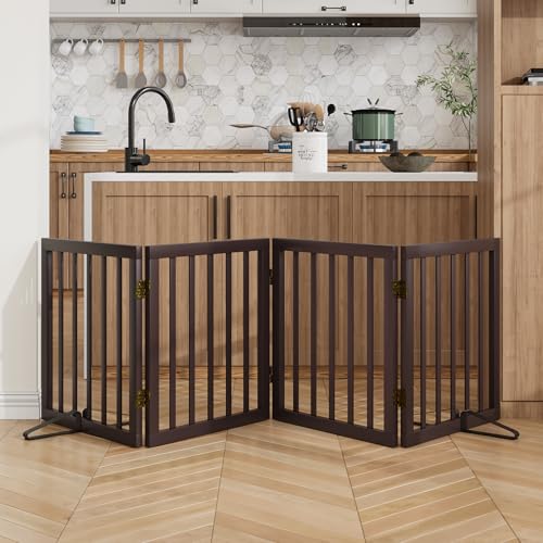 Wooden Dog Gate Freestanding Foldable 4 Panel Pet Gates Extra Wide Dog Gates for Indoor Doorways Stairs 24in Height Support Feet Included (Espresso / 4 Panel - 74 inches Wide)