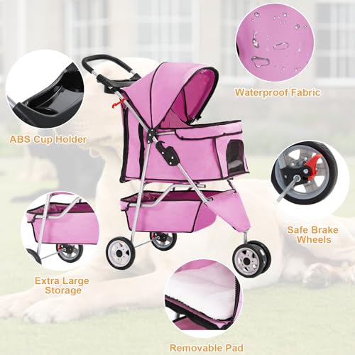3 Wheels Pet Dog Stroller Cat Cage Jogger Stroller Cats Travel Folding Carrier Waterproof with Cup Holder & Removable Liner (Pink / 3 Wheels)