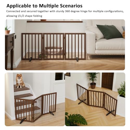 Wooden Dog Gate Freestanding Foldable 3 Panel Pet Gates Extra Wide Dog Gates for Indoor Doorways Stairs 24in Height Support Feet Included (Dark Brown / 3 Panel - 55 inches Wide)