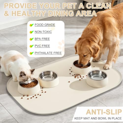 Waterproof Silicone Pet Food Mat with Raised Edge for Dog & Cat (White Sand / 36"L x 24"W)