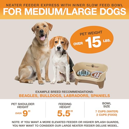 Express Mess Proof Dog Bowls Elevated for Medium and Large Breed (Medium to Large w/ 9 Peak Slow Feed Bowl / Cappuccino)