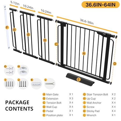36.6 64 in Extra Wide Baby Gate for Stairs (Black / 36.6-64"W x 30.5"H)