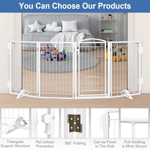 Full Metal Freestanding Dog Gate with Cat Door for Indoor & Outdoor (White / 【4 Panels with Door】80"W×32"H)