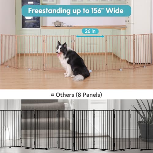 Freestanding Dog Gate with Door for Indoor & Outdoor (Brown / 【6 Panels with Door】156"W×30"H)