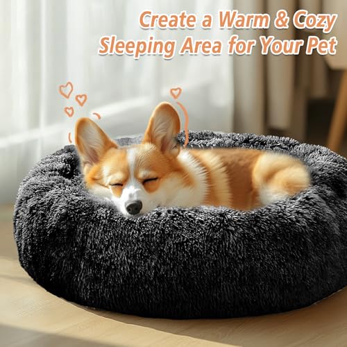 Calming Small Dog & Cat Bed for Indoor Cats (Dark Grey / 20.0"L x 20.0"W x 6.0"Th)