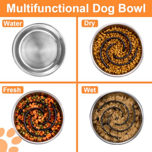 2-in-1 Metal Dog Bowl with Slow Feeder Insert, Stainless Steel Dog Bowls Food Grade 304, Water Food Bowl with Anti-Slip Silicone Base for Small, Medium, Large Dogs (5 Cups / Black)