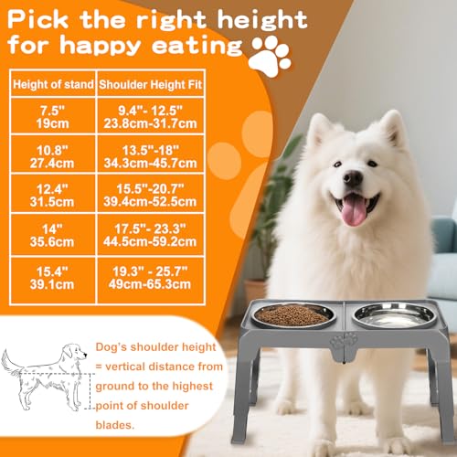 Elevated Dog Bowls for Large Dogs 5 Adjustable Heights 7.5" (Grey / 10" for Large Dogs)