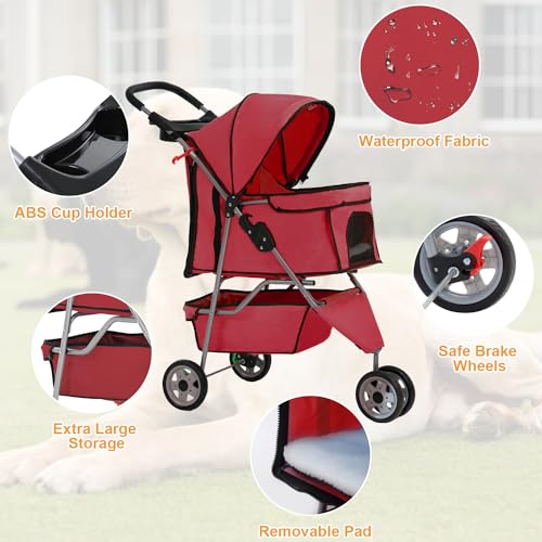 3 Wheel Pet Stroller for Dogs & Cats (Red / 3 Wheels)