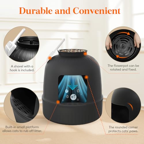 Hidden Plant Cat Litter Box with Plastic Scoop (Black)