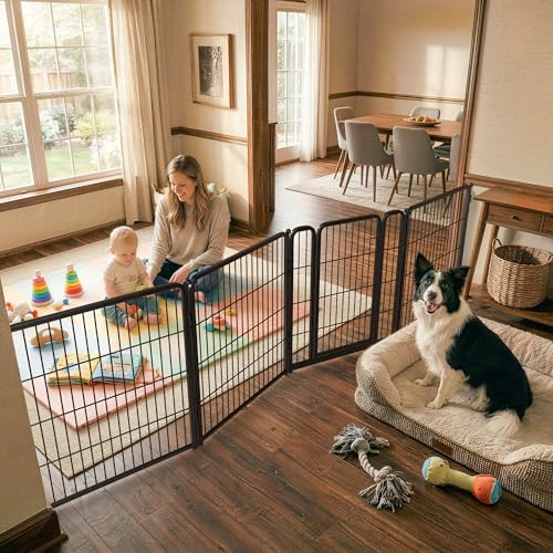 Dog Gate Extra Wide Adjustable for Openings Up to 111" (Black / Up to 111" W【3 Panels + 1 Door】 / 32"H)