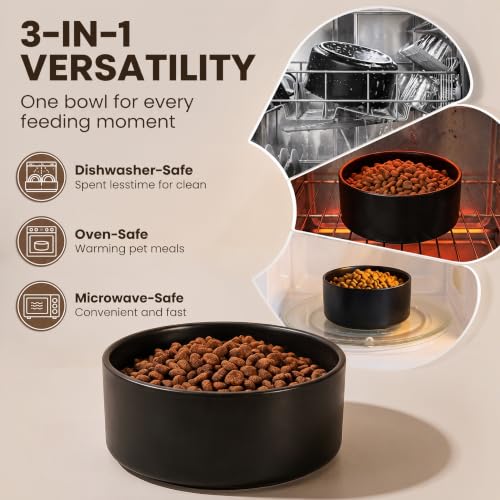 Elevated Ceramic Dog Bowl with Bamboo Stand (Black / 7.6Cup)
