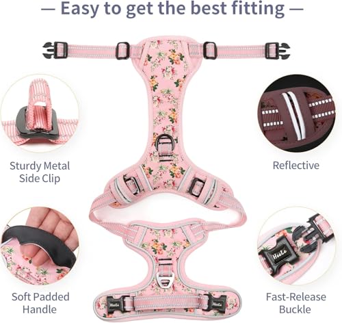 Dog Harness No Pull Adjustable Padded Reflective Harness for Small Medium Large Dogs with Handle for Walking Training (M / Flower-Pink)