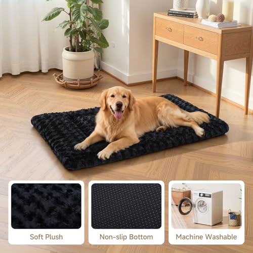 Washable Dog Bed Mat Medium Size Fluffy Pet Crate Pad 36x23 (Black / 36.00" x 23.00" x 1.50")