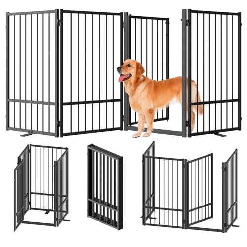 Full Metal Freestanding Dog Gate with Door (【4 Panels】80"W*36H" / Black)