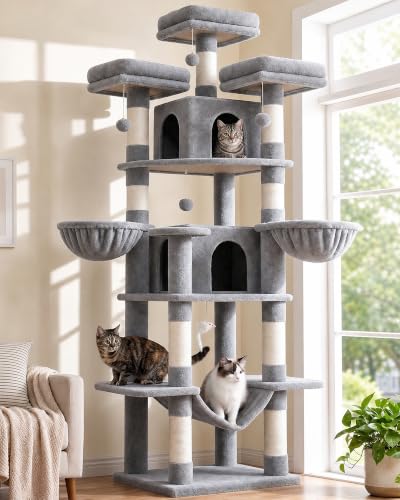 Big XXL Cat Tower for Indoor Multiple Cats (Light Grey / 80inch)