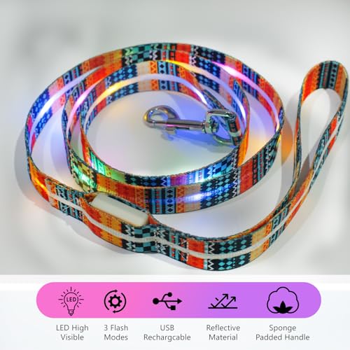Ight Up LED Dog Leash and LED Dog Collar Set USB Rechargeable Waterproof (Bohemian Orange / 1.5m Leash+10-25in Collar Can be Crop)
