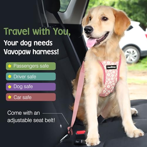 Dog Seat Belt (Pink Daisy / M (Chest: 19.7-26.4", Neck: 12.6-20.5"))