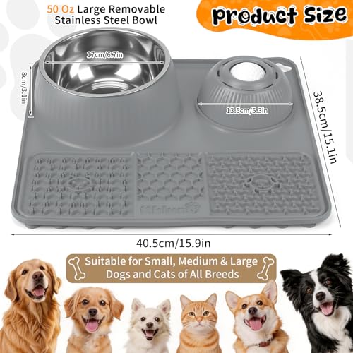 Slow Feeder Dog Bowl with Lick Mat & Interactive Rolling Ball (Light-Gray)