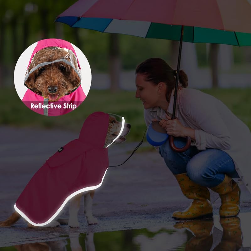 Dog Raincoat Waterproof Dog Rain Jacket with Clear Hooded (Fuchsia / Large)