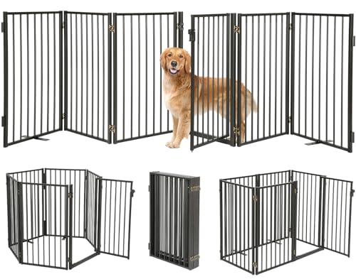 Metal Freestanding Dog Gates with Door for Outdoor Indoor (Black / 【6 Panels with Door】 32''H*120''W)