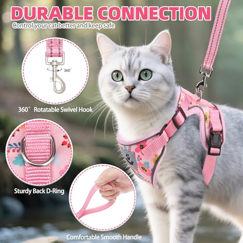 Cat Harness and Leash Set Escape Proof Reflective Cat Walking Harness Adjustable Soft Breathable Mesh Vest for Small Pets (S (NECK 9.5"-11", CHEST 13"-16") / Pink Flowers)