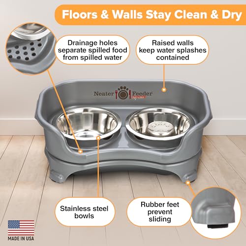 Express Mess Proof Dog Bowls Elevated for Small Breed (Small w/ Metal Slow Feed Bowl / Gunmetal Grey)