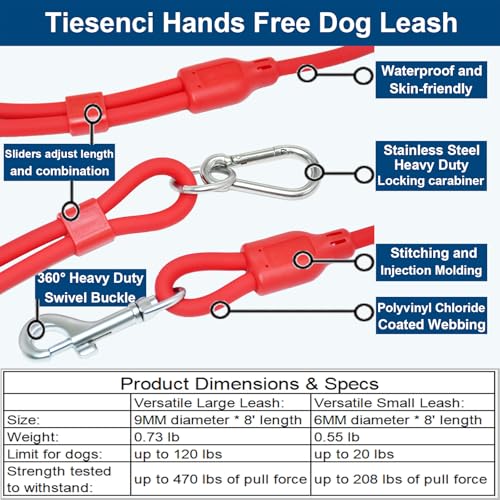 9-in-1 Hands Free Dog Leash Crossbody/Waist Red Large Dogs (Neon Coral / Large - 9mm Diameter - 20-120lbs)