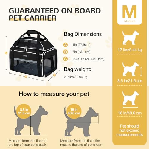 Top Expandable Pet Carrier 17x11x9.5 Inch Alaska Hawaiian Airline Approved Soft Sided Underseat to 12lbs Travel Carriers for Small Dogs and Cats with Locking Safety Zippers Anti (Black)