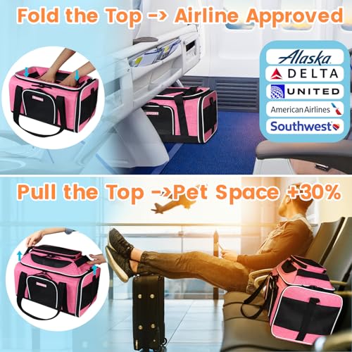 Top Expandable Small Pet Carrier 17"x11"x9.5" Airline Approved (17.0"L x 11.0"W x 9.5"H / Pink)