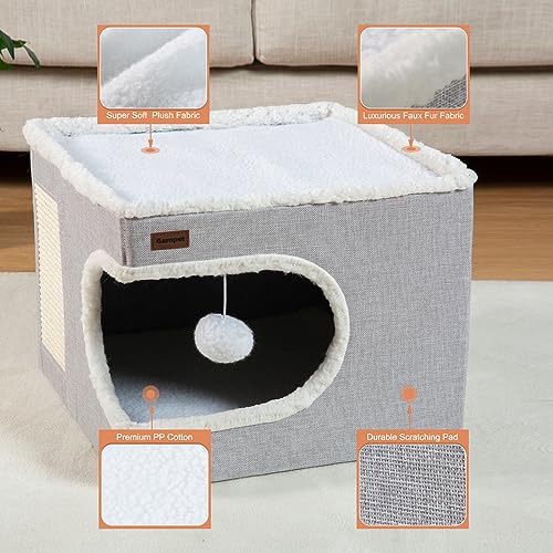 Cat Bed for Indoor Cats Cube House (16.5"D x 16.5"W x 13"H / Grey)